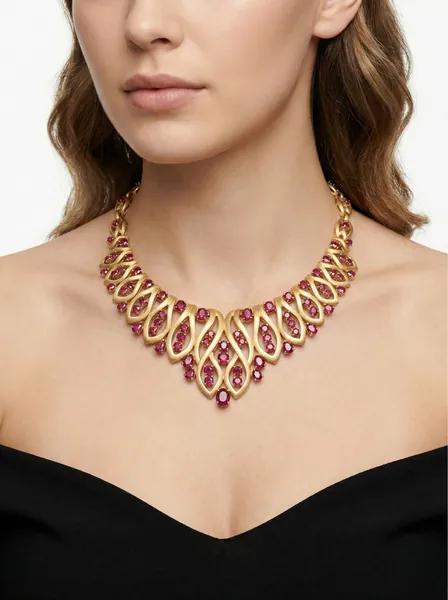 AI-generated jewellery on model — woman wearing gold ruby necklace