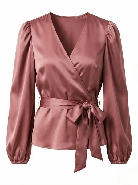 Dusty rose satin wrap blouse — AI product photography