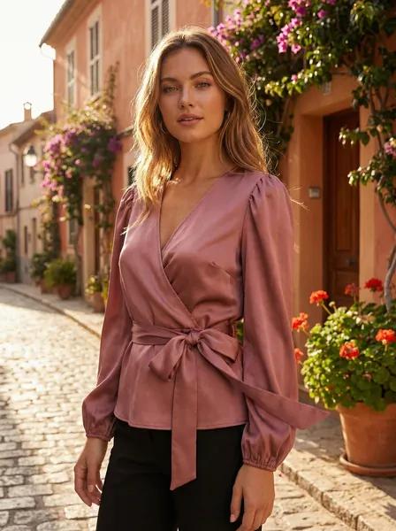 AI-generated on-model photo — woman wearing dusty rose blouse on Mediterranean street