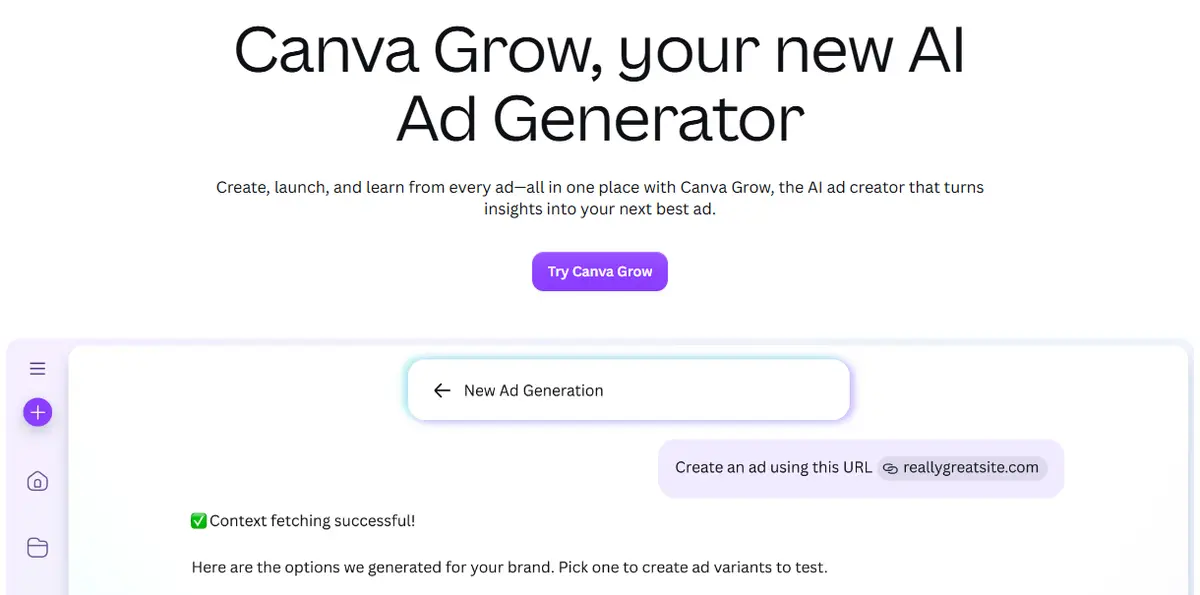 Canva Grow page titled your new AI Ad Generator, showing an ad generation chat that creates ad options from a website URL