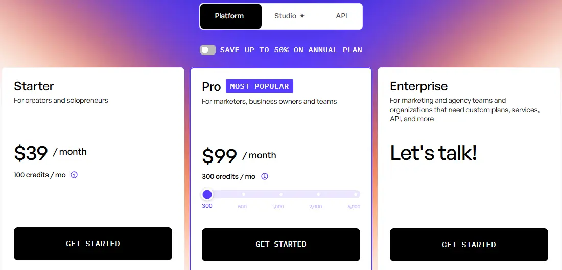 Creatify pricing page showing Starter at $39 a month with 100 credits, Pro at $99 a month with 300 credits and custom Enterprise pricing