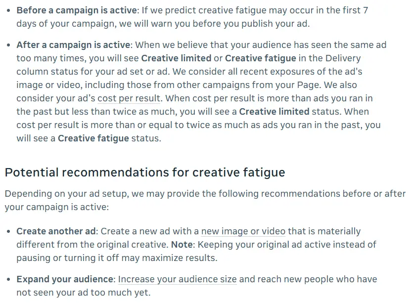 Meta Business Help Center text explaining the Creative limited and Creative fatigue statuses based on cost per result, and the recommendation to create a materially different ad