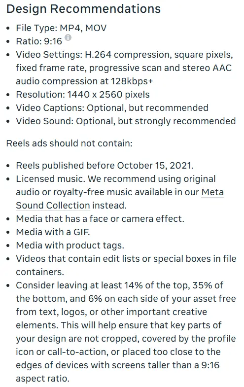 Meta Ads Guide design recommendations for Instagram Reels ads: 9:16 ratio, 1440 x 2560 pixels, and safe zones of 14% top, 35% bottom and 6% on each side