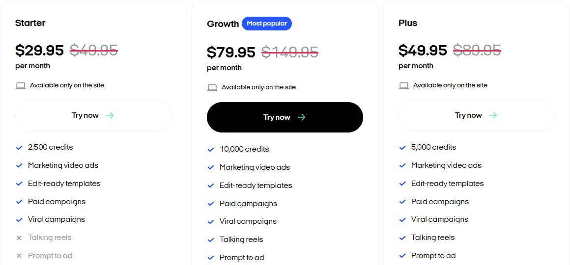 Zeely pricing page showing Starter at $29.95, Growth at $79.95 and Plus at $49.95 per month with 2,500, 10,000 and 5,000 credits