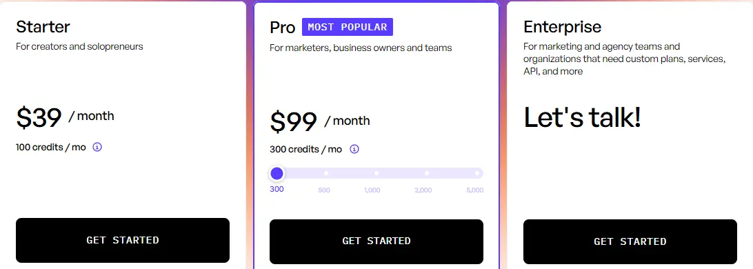 Creatify pricing page on monthly billing showing Starter at $39 a month with 100 credits, Pro at $99 with 300 credits and Enterprise on request