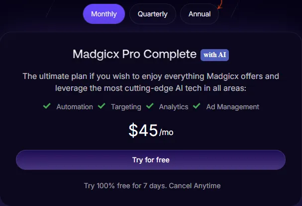 Madgicx pricing calculator on monthly billing showing Madgicx Pro Complete with AI at $45 a month and a 7-day free trial