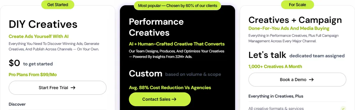 Quickads pricing page showing DIY Creatives at $0 to get started with Pro plans from $99 a month, Performance Creatives at a custom price and Creatives plus Campaign on request
