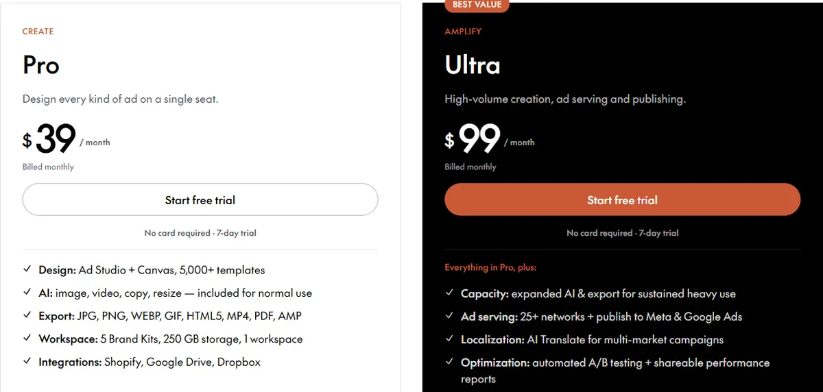 The Brief pricing page on monthly billing showing Pro at $39 a month and Ultra at $99 a month, each with a 7-day trial and no card required