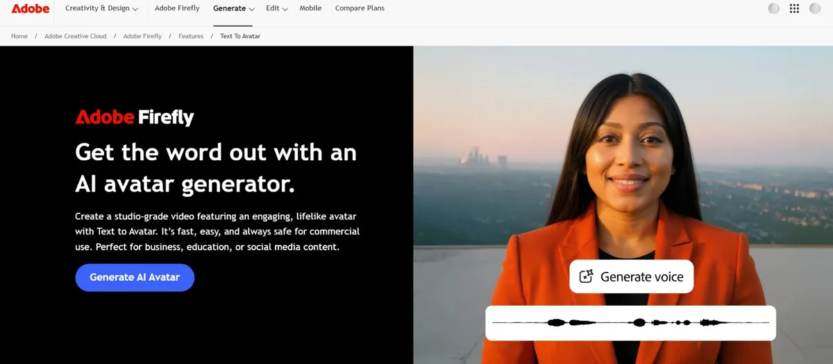 Adobe Firefly Text to Avatar feature showing AI avatar generation with voice synthesis