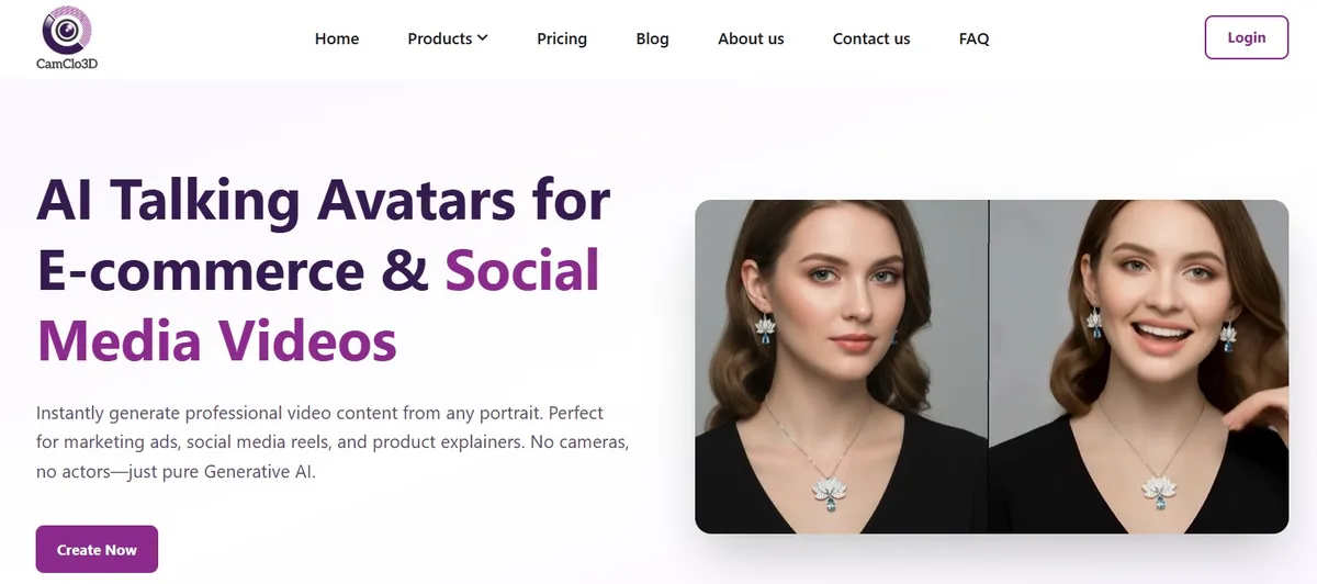 CamClo3D AI Talking Avatar product page showing portrait-to-video generation for e-commerce