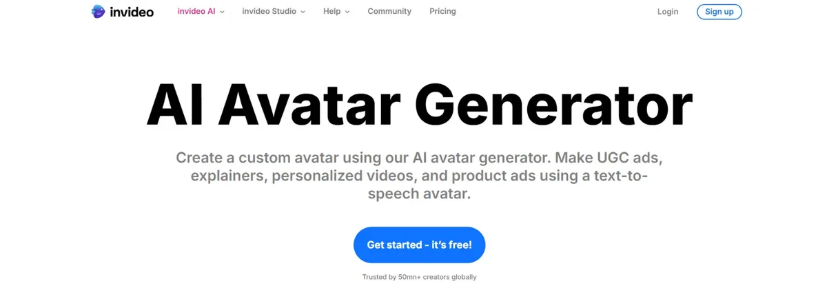 InVideo AI avatar generator interface showing text-to-video automation and free tier