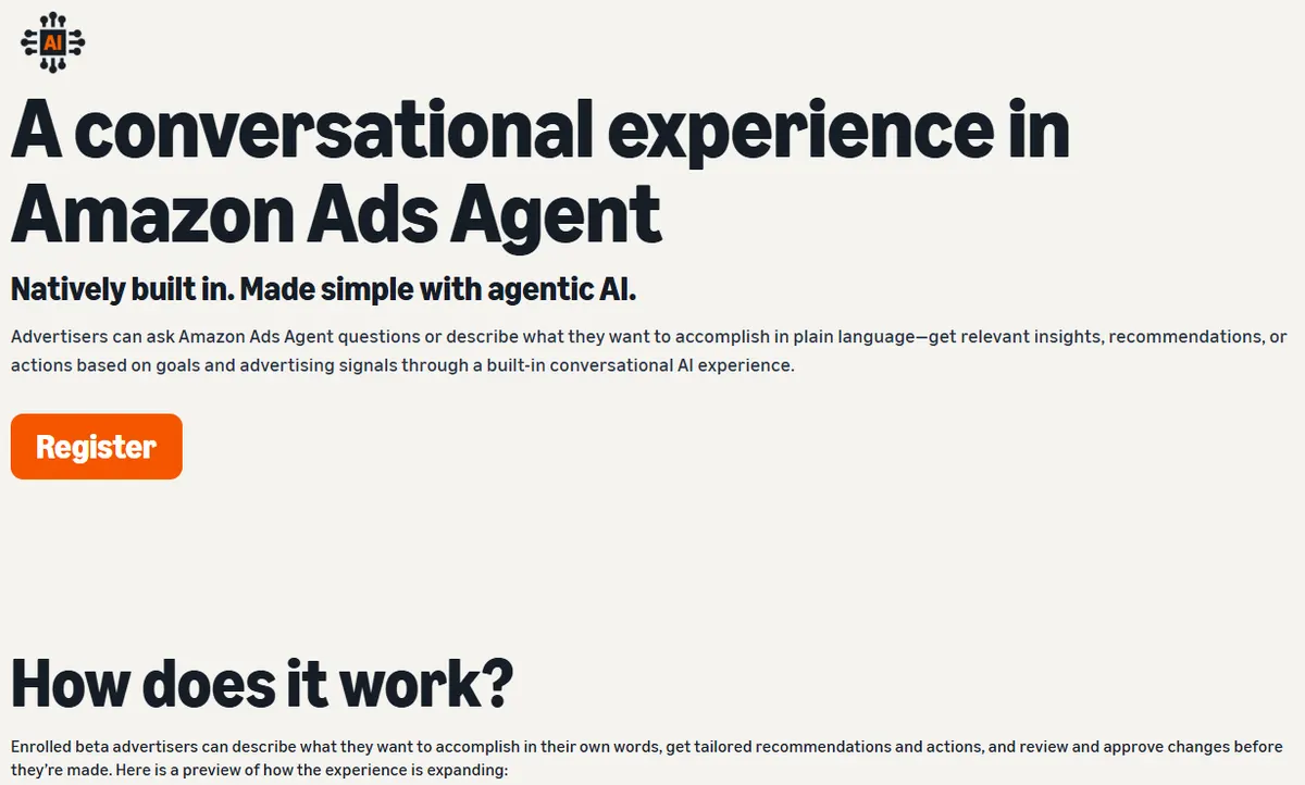 Amazon Ads page for Ads Agent, a conversational experience where enrolled beta advertisers review and approve changes before they are made