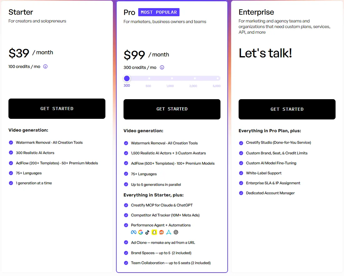 Creatify pricing page showing Starter at $39 a month with 100 credits and Pro at $99 a month with 300 credits, including Performance Agent and automations