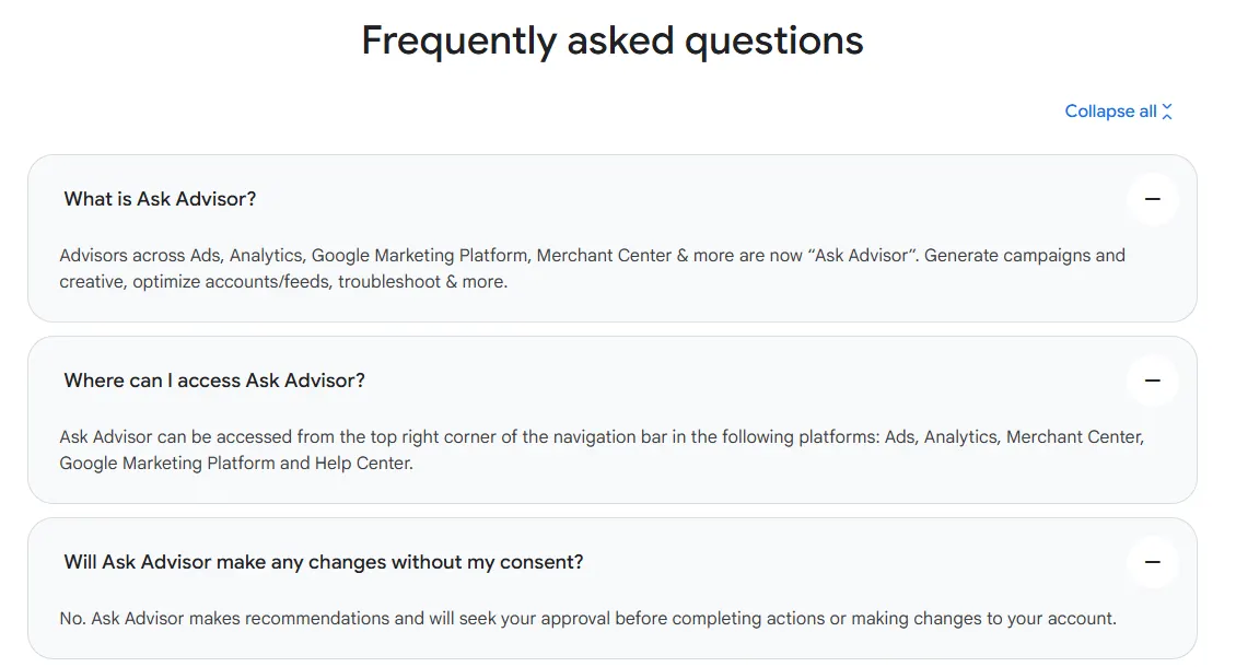 Google Ads Ask Advisor FAQ stating it will seek your approval before completing actions or making changes to your account