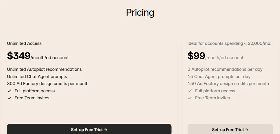 AdAmigo.ai pricing page showing $349 a month per ad account for Unlimited Access and $99 a month per ad account for accounts spending under $2,000 a month