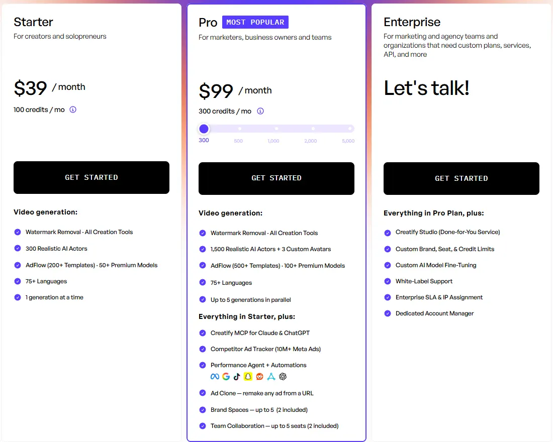 Creatify pricing page showing Starter at $39 a month and Pro at $99 a month with 300 credits and the Performance Agent