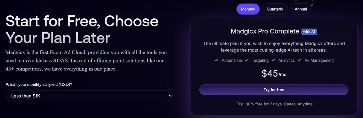 Madgicx pricing page showing Pro Complete at $45 a month for less than $1,000 of monthly ad spend on monthly billing