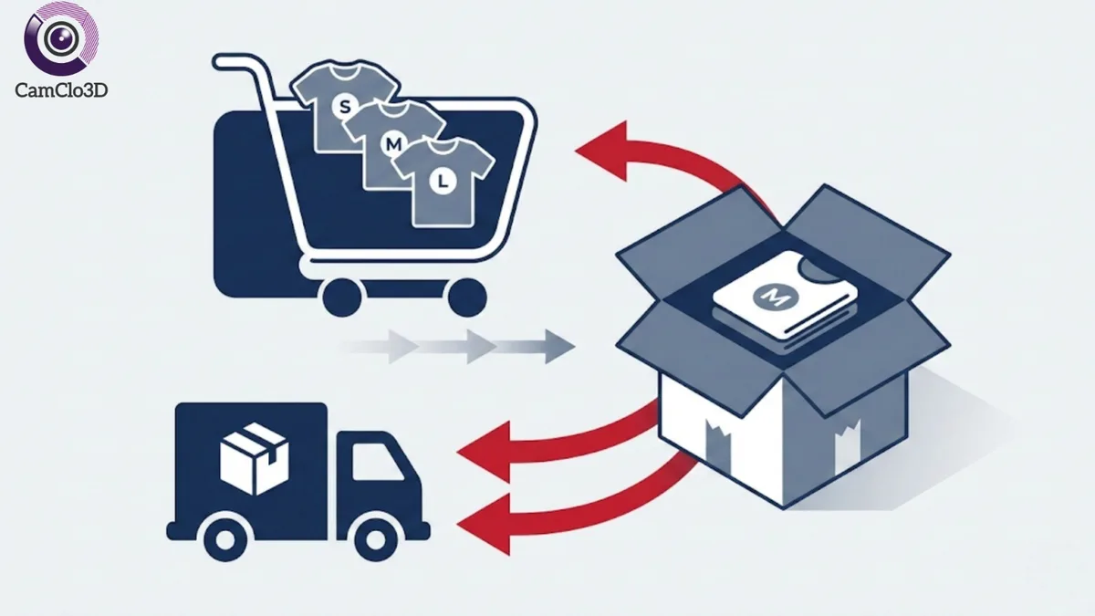 Illustration of bracketing behavior - shoppers ordering multiple sizes S, M, L and returning items, showing the costly cycle of buy-ship-return in online apparel