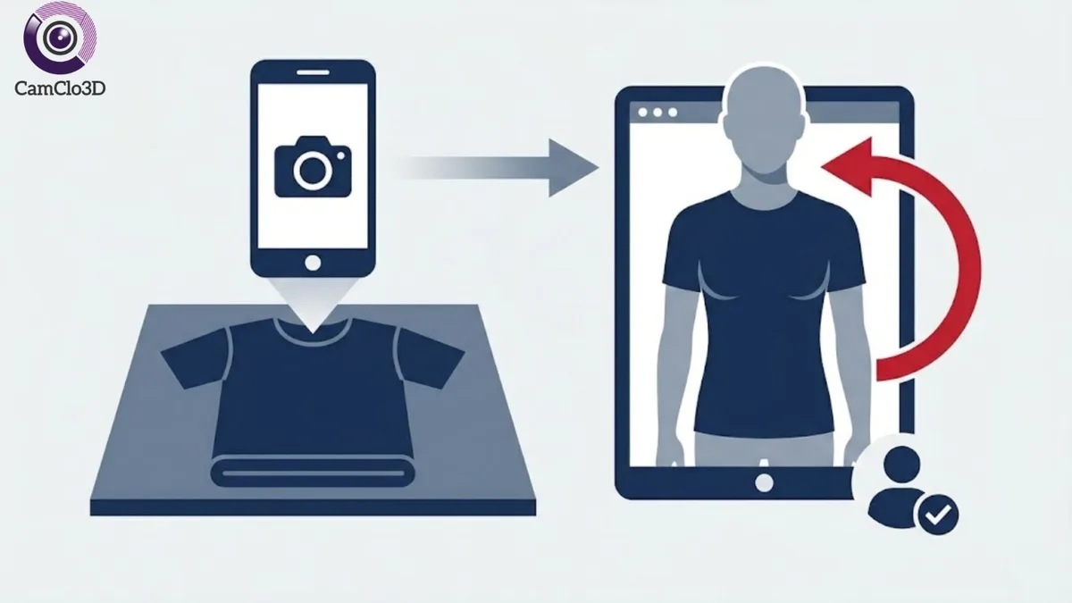 How AI virtual try-on works - a garment photo is captured, processed by AI, and realistically mapped onto a model showing accurate fit and drape