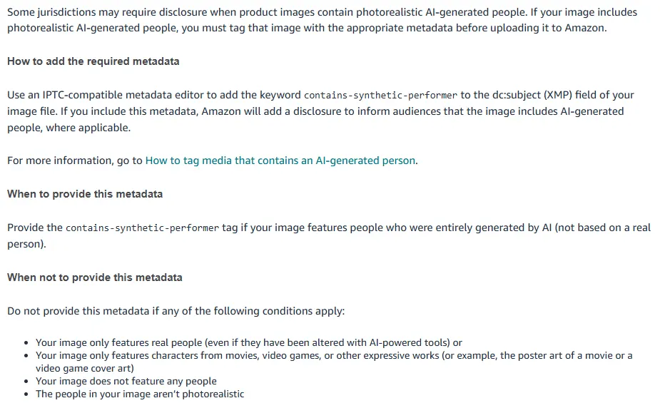 Amazon's AI-generated people disclosure rule, asking sellers to add the keyword contains-synthetic-performer to the XMP dc:subject field of images with photorealistic AI-generated people
