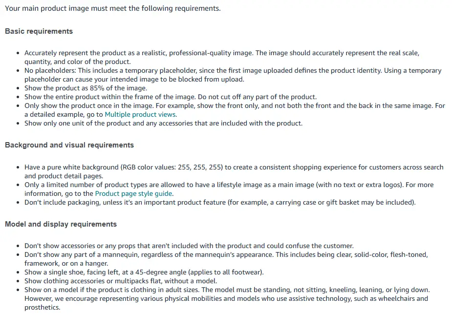Amazon's MAIN product image requirements: pure white background RGB 255, 255, 255, product as 85% of the image, one view, no mannequins, adult clothing on a standing model