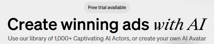 Arcads homepage with a Free trial available label and a library of more than 1,000 AI actors