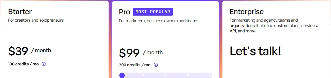 Creatify pricing page showing Starter at $39 a month with 100 credits, Pro at $99 a month with 300 credits and custom Enterprise pricing