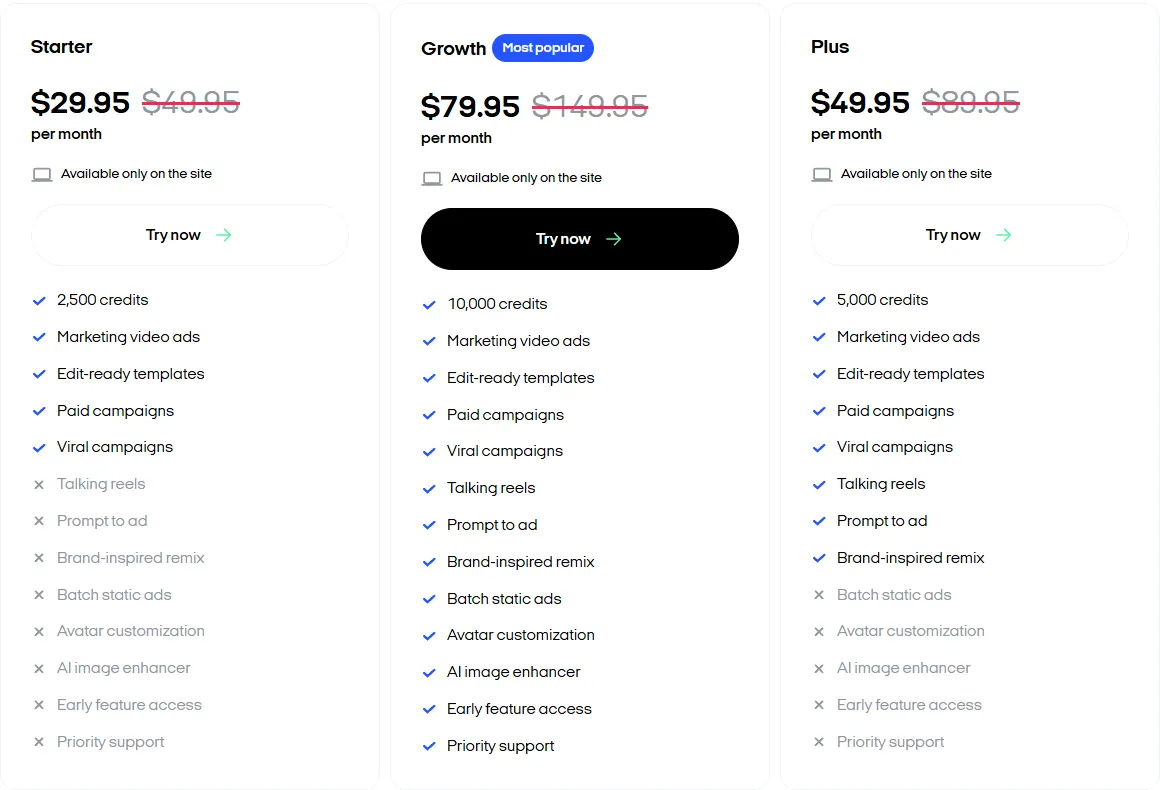 Zeely pricing page showing Starter at $29.95, Growth at $79.95 and Plus at $49.95 a month, with the features included on each plan