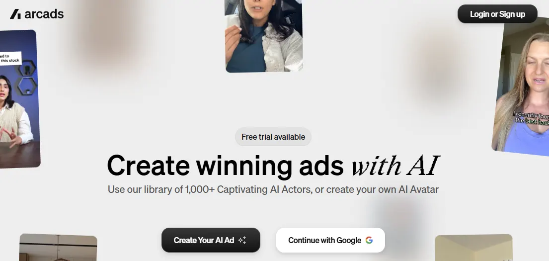 Arcads homepage with a Free trial available label above the headline Create winning ads with AI and a library of 1,000+ AI actors
