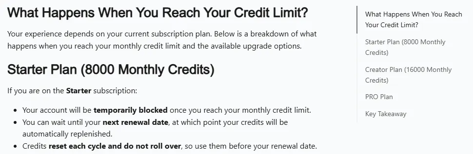 Arcads help center article listing the Starter plan with 8,000 monthly credits and the Creator plan with 16,000 monthly credits