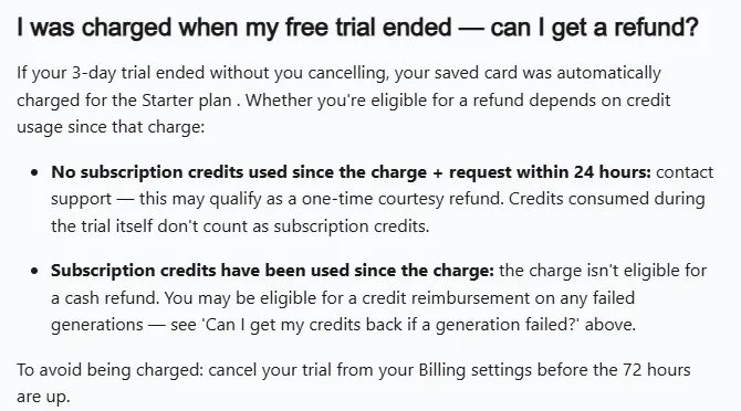 Arcads refund policy explaining that when the 3-day trial ends without cancelling, the saved card is charged for the Starter plan