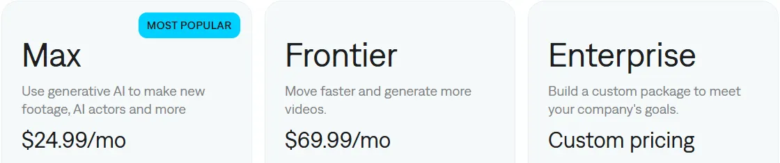 Captions pricing page showing Max at $24.99 a month, Frontier at $69.99 a month and custom Enterprise pricing