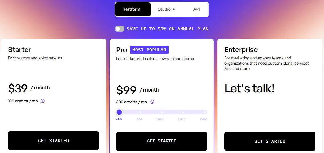 Creatify pricing page showing Starter at $39 a month with 100 credits, Pro at $99 a month with 300 credits and custom Enterprise pricing