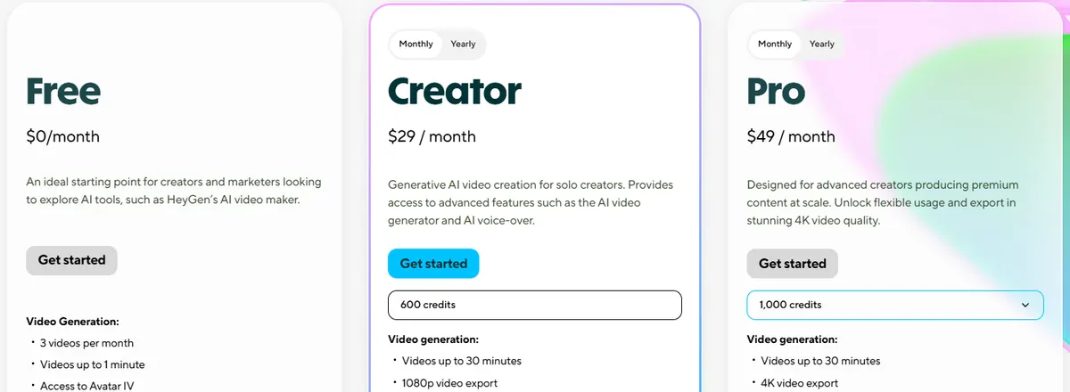 HeyGen pricing page showing the Free plan at $0, Creator at $29 a month with 600 credits and Pro at $49 a month with 1,000 credits