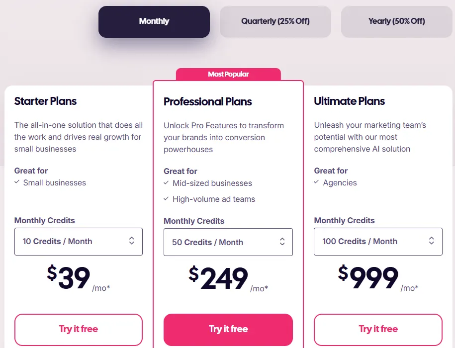 AdCreative.ai pricing on monthly billing showing Starter at $39 a month with 10 credits, Professional at $249 with 50 credits and Ultimate at $999 with 100 credits
