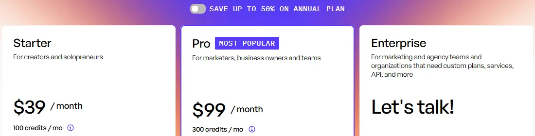 Creatify pricing page showing Starter at $39 a month with 100 credits and Pro at $99 a month with 300 credits