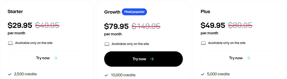 Zeely pricing page showing Starter at $29.95, Growth at $79.95 and Plus at $49.95 a month, each marked down from a higher price