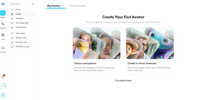 HeyGen avatar video platform showing avatar creation options and clone features