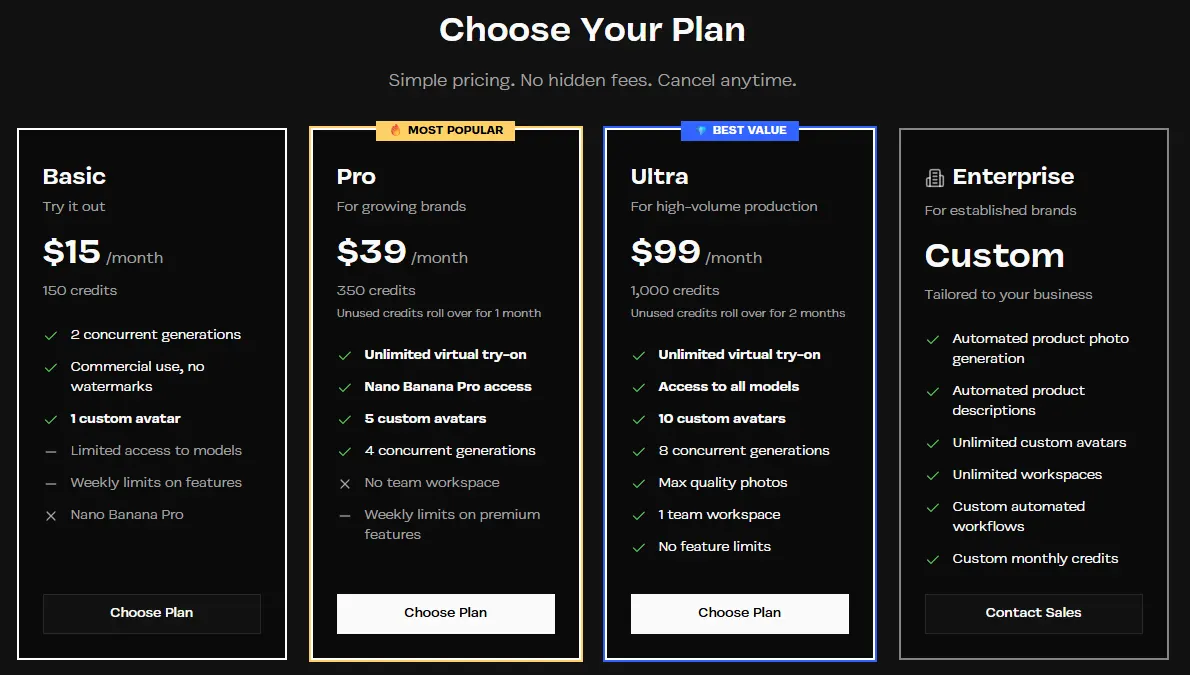 bitStudio pricing page showing Basic at $15 a month with 150 credits, Pro at $39 with 350 credits and unlimited virtual try-on, and Ultra at $99 with 1,000 credits