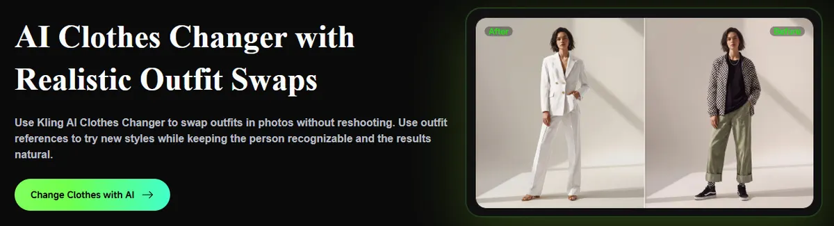 Kling AI Clothes Changer page with a before and after outfit swap on the same model