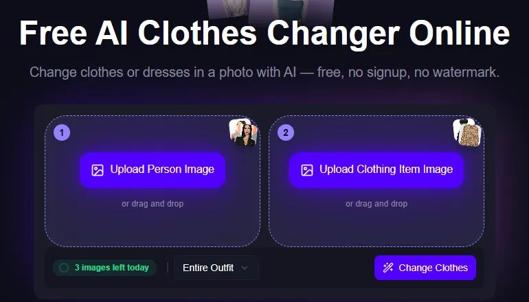 Magic Hour free AI clothes changer with person and clothing upload boxes, an entire outfit option and 3 free images left today
