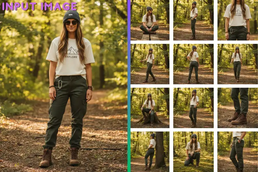One input photo of a model in a t-shirt and cargo trousers beside twelve new poses of the same model and outfit
