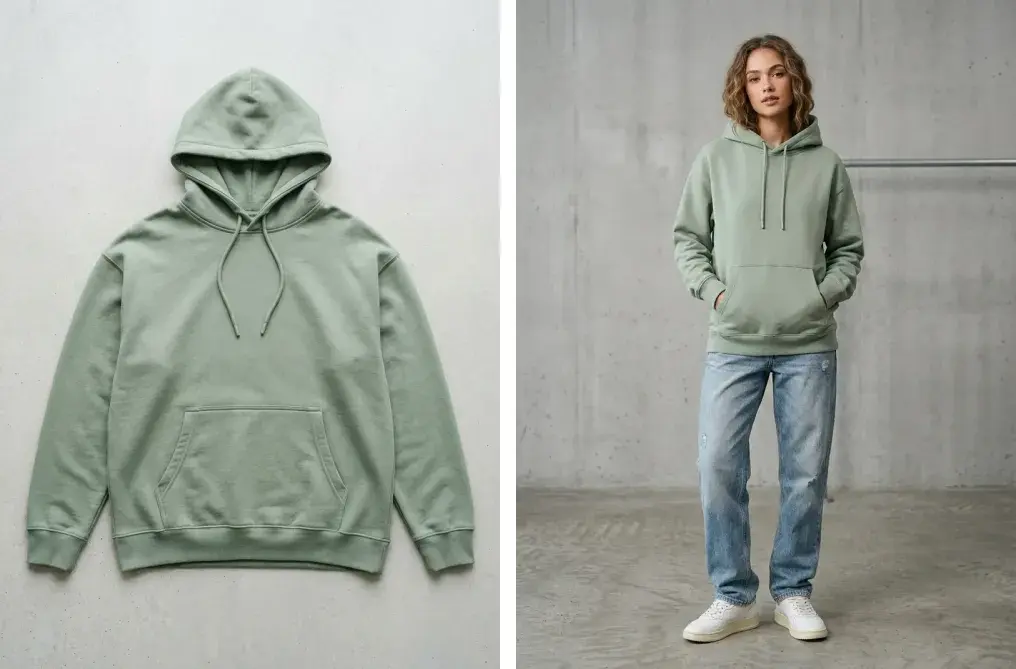 A flat-lay green hoodie on the left and the same hoodie worn by an AI model on the right