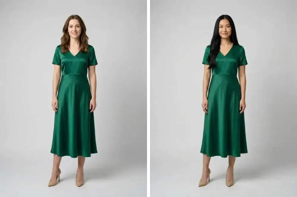 The same green satin dress, pose and backdrop shown on two different AI models