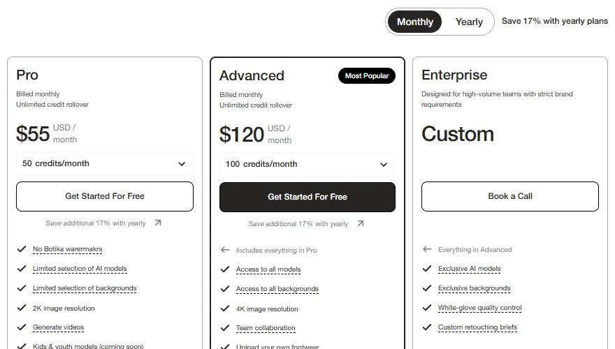 Botika pricing page on monthly billing showing Pro at $55 a month with 50 credits and Advanced at $120 a month with 100 credits