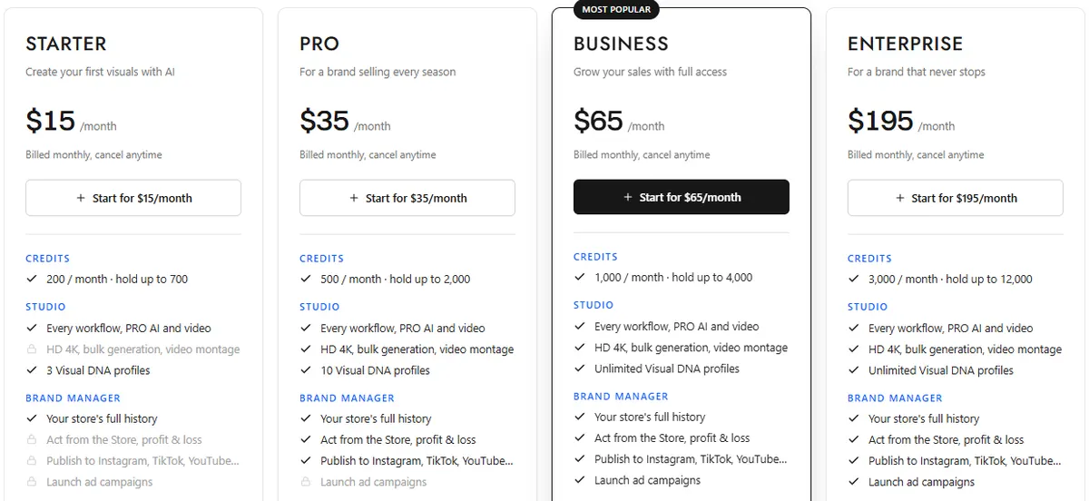 The New Black pricing page showing Starter at $15, Pro at $35, Business at $65 and Enterprise at $195 a month, with HD 4K and bulk generation locked on Starter