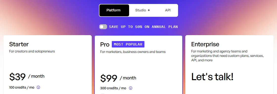 Creatify pricing page showing Starter at $39 a month with 100 credits and Pro at $99 a month with 300 credits
