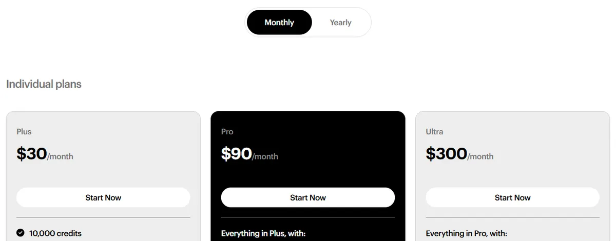 Luma pricing page on monthly billing showing Plus at $30, Pro at $90 and Ultra at $300 a month