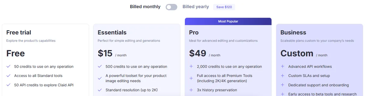Claid pricing page on monthly billing showing Essentials at $15 a month with 500 credits and Pro at $49 a month with 2,000 credits