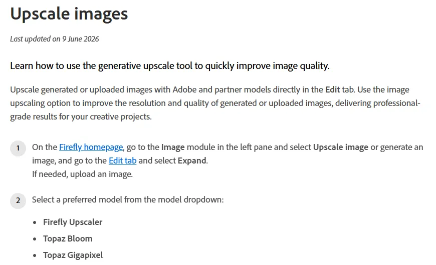 Adobe Firefly help page listing the Firefly Upscaler, Topaz Bloom and Topaz Gigapixel upscale models
